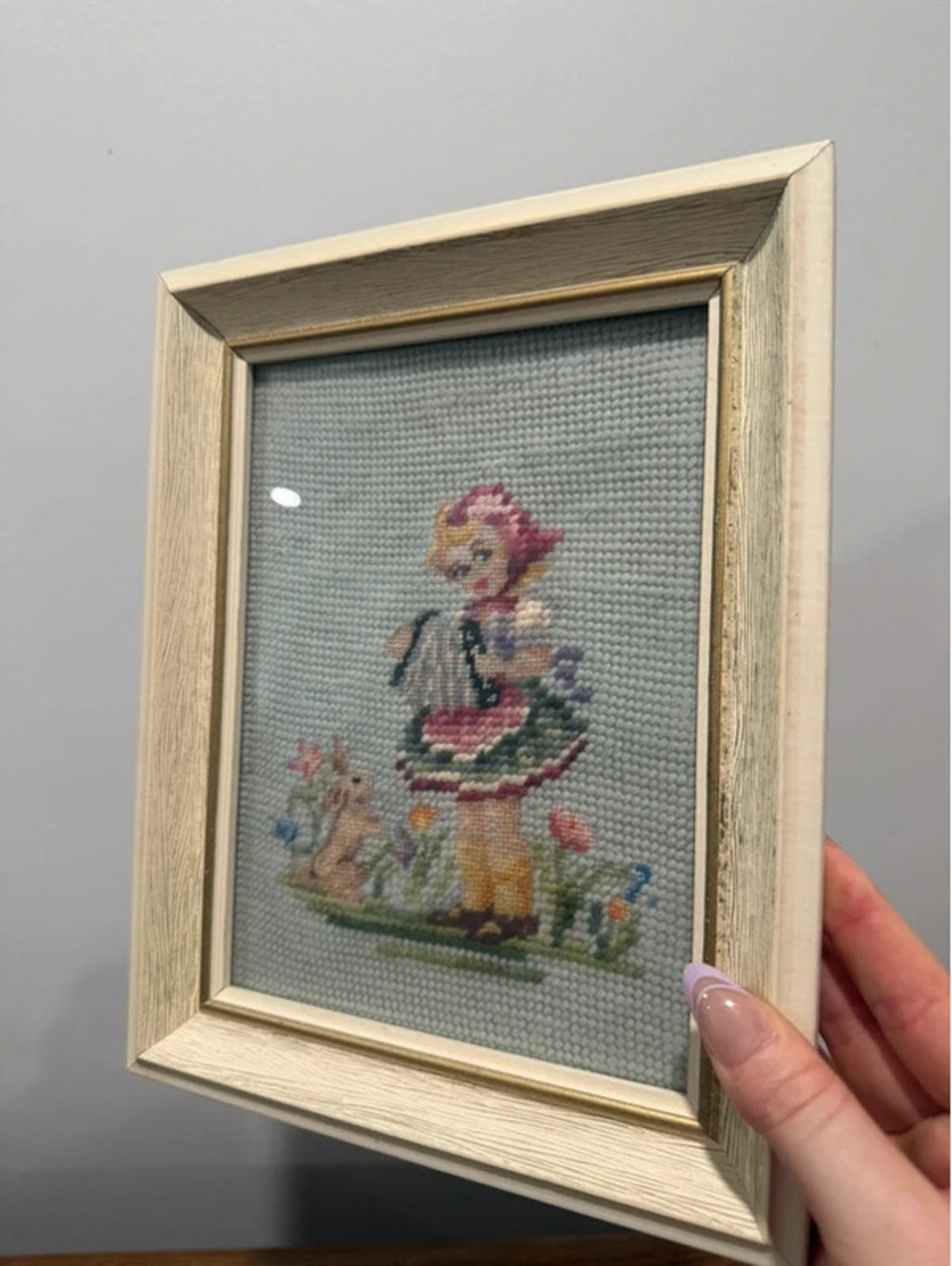 Vintage Girl with Bunny Needlepoint Framed Wall Art